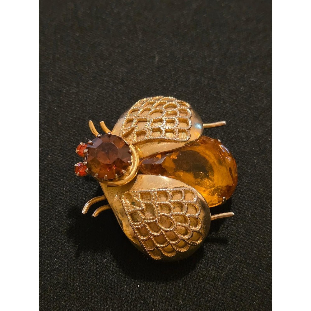 Vintage Gold Tone Amber Glass Rhinestone Bee Beetle Insect Brooch Pin